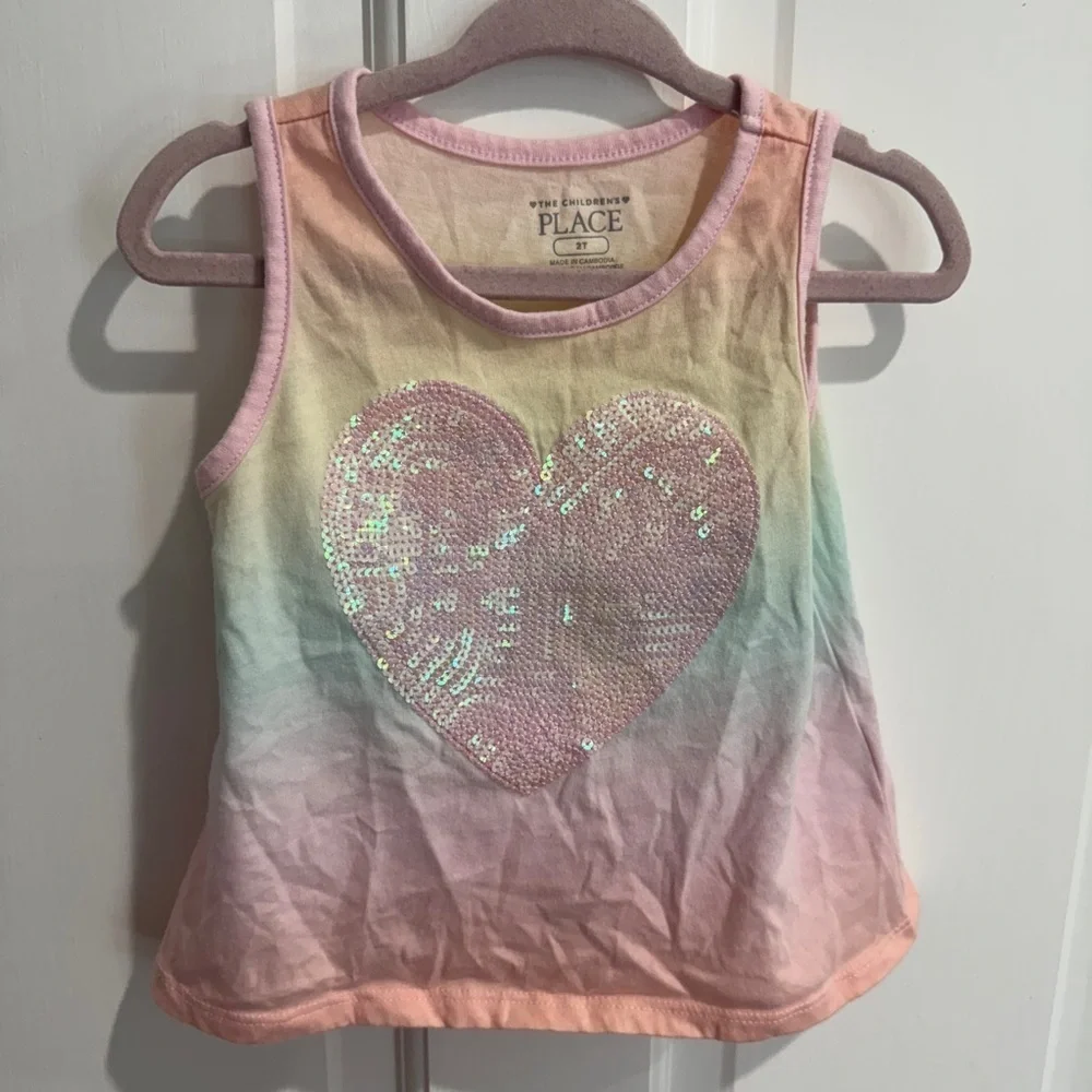 NWOT 2T Girls The Children's Place Pastel Rainbow Sequin Heart Tank Top Blouse